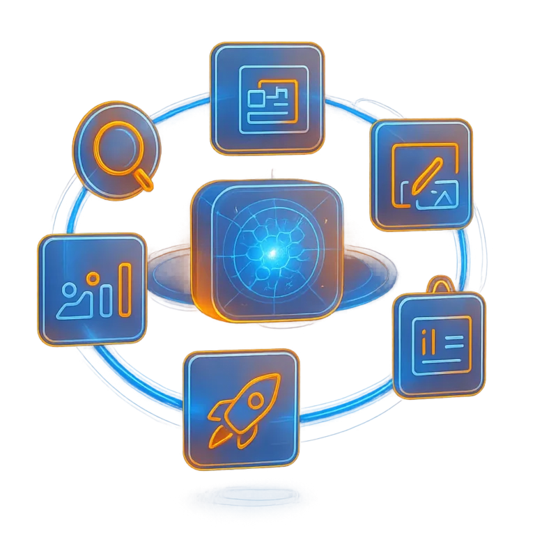AI core surrounded by digital marketing and SEO icons.