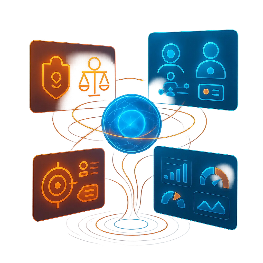 AI core with data, user, and privacy icons