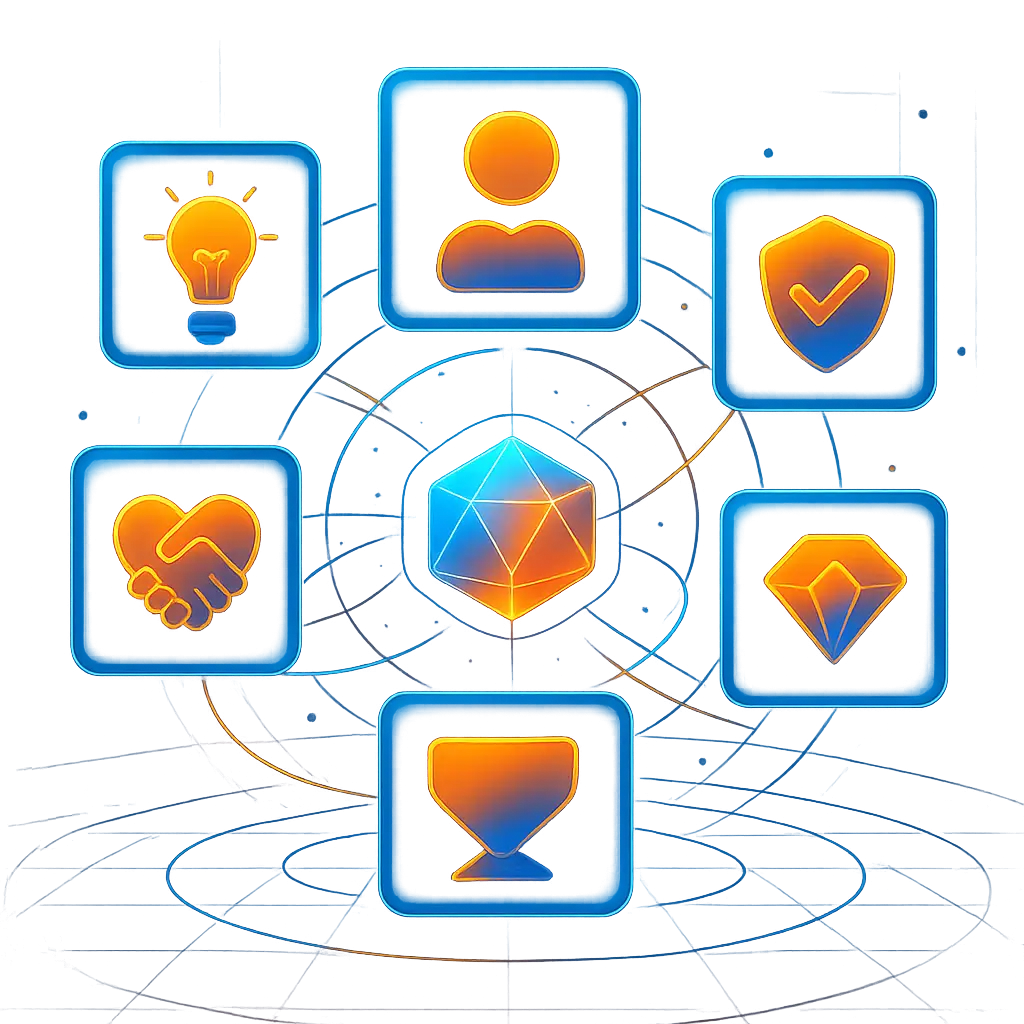 Central cube with icons for ideas, trust, quality, and user.