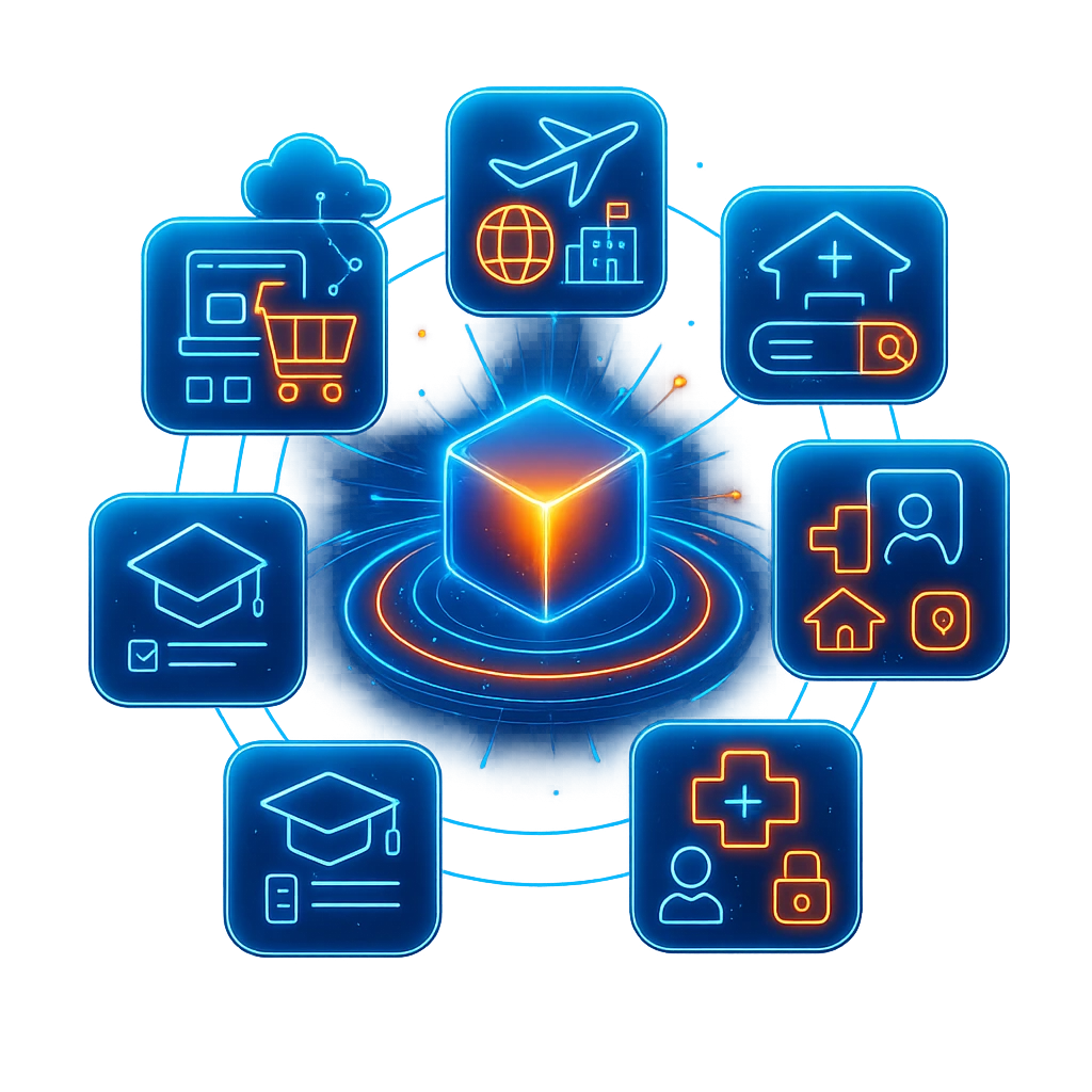Cube with ecommerce, travel, education, and healthcare icons