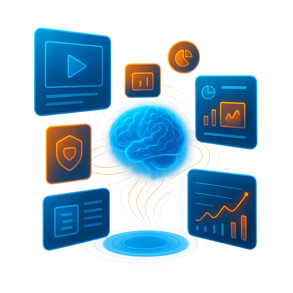 Digital brain with media, chart, and security icons