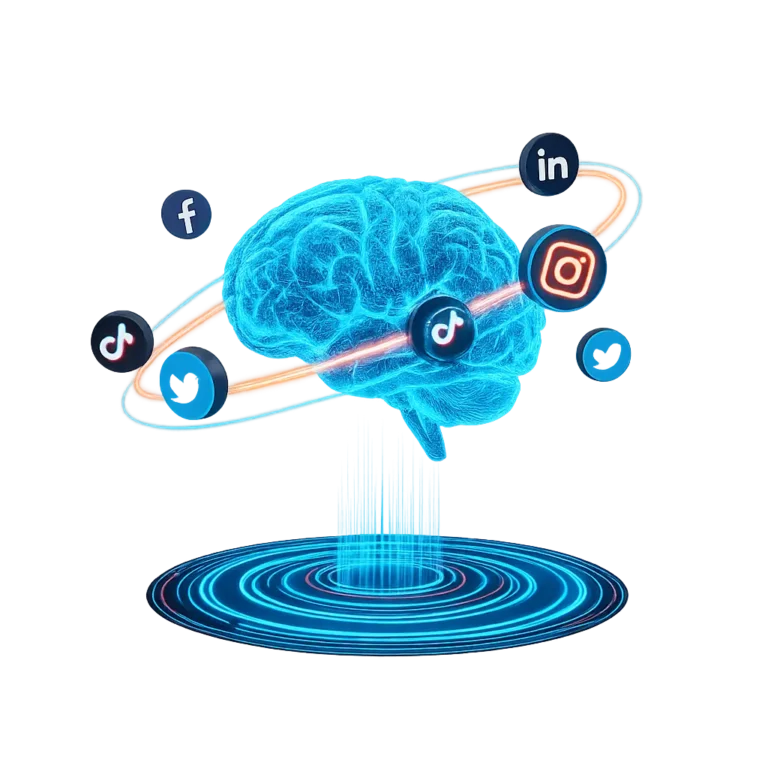 Digital brain with social media icons orbiting it.