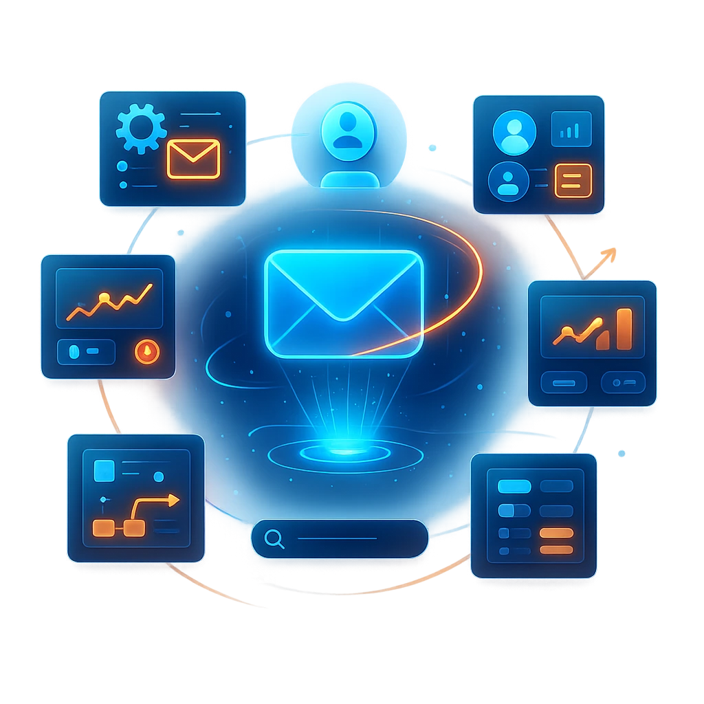 Email icon with user and analytics icons.