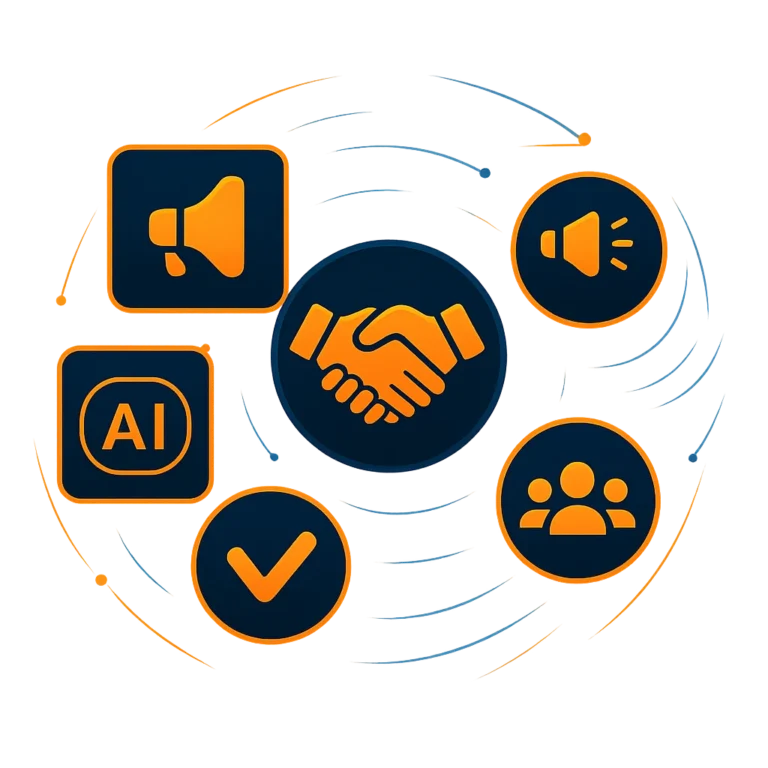 Icons for partnership, AI, marketing, approval