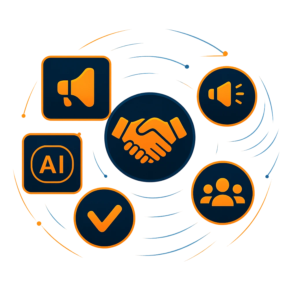 Icons for partnership, AI, marketing, approval