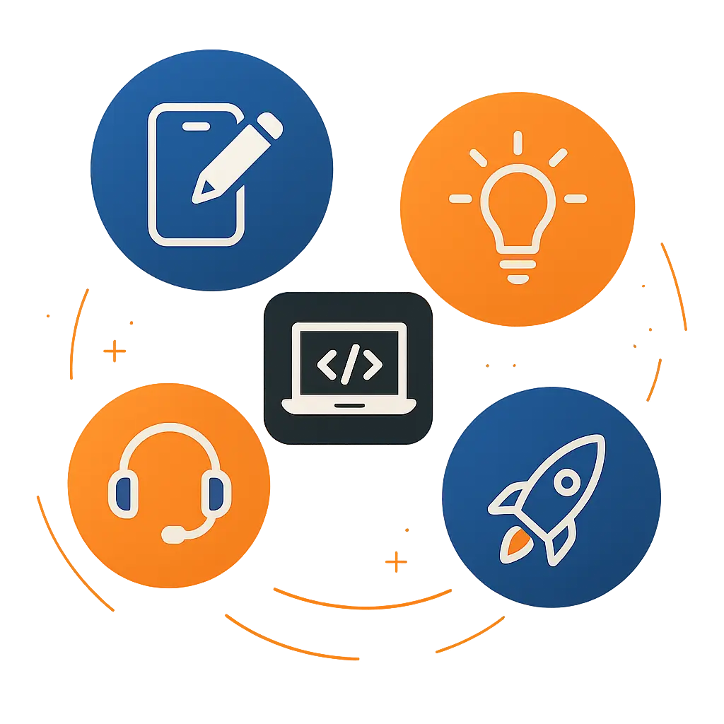 Icons for writing, ideas, coding, support, and launch