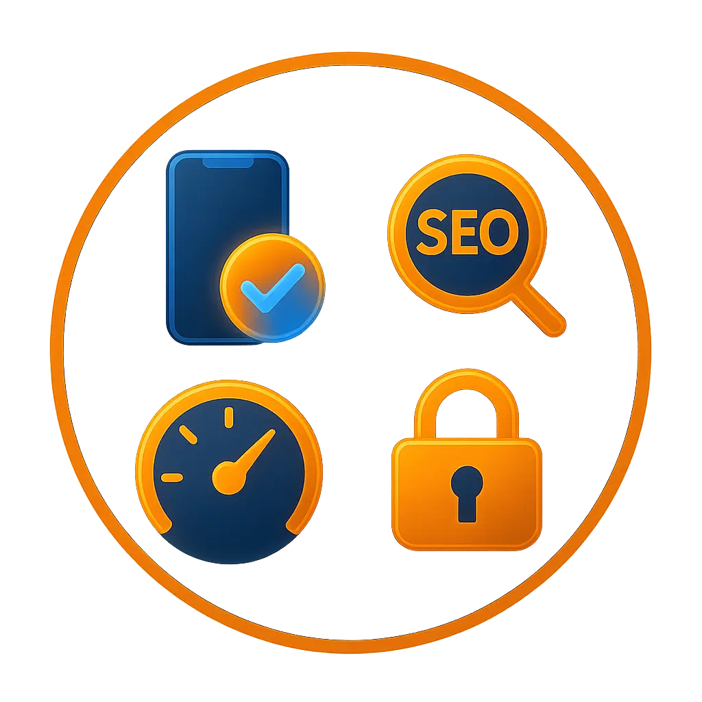 SEO, mobile, speed, and security icons in a circular badge.