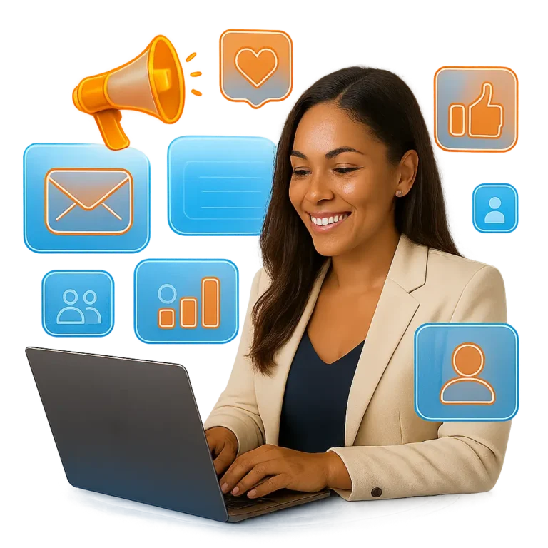 Smiling woman using laptop with marketing and engagement icons.