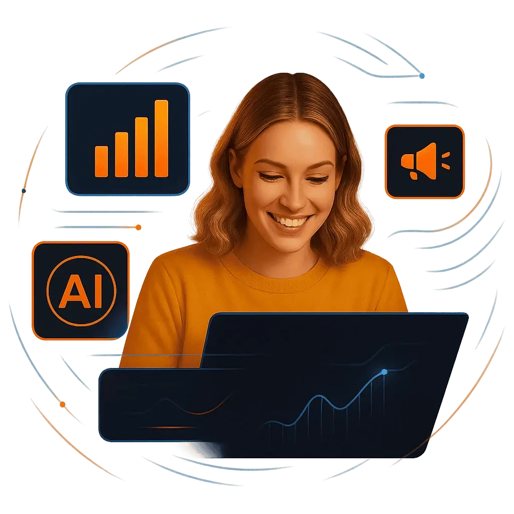 Woman using laptop with AI, marketing, and analytics icons.