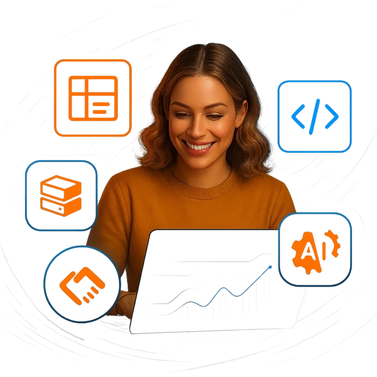 Woman using laptop with coding, AI, and tech icons.