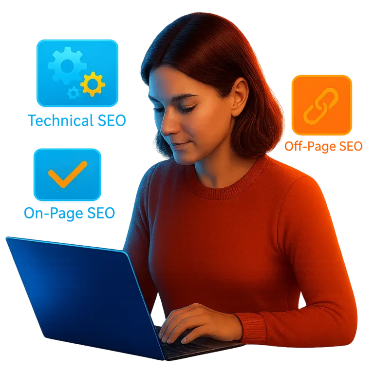 Woman with laptop and SEO icons.
