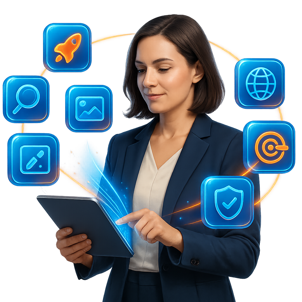 Women using tablet With digital Marketing icon