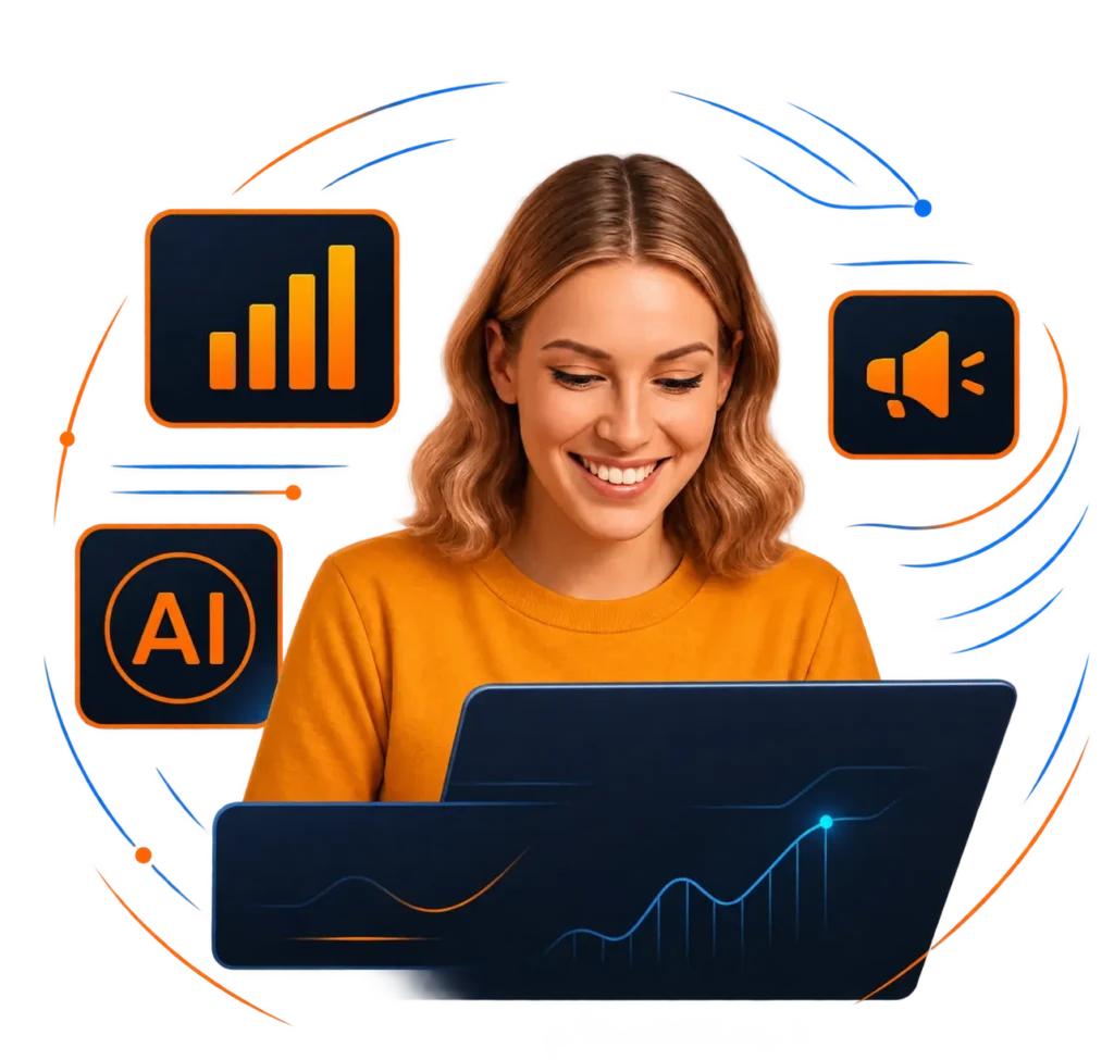 Torplix Ai Genrated employee using laptop with AI, marketing, and analytics icons